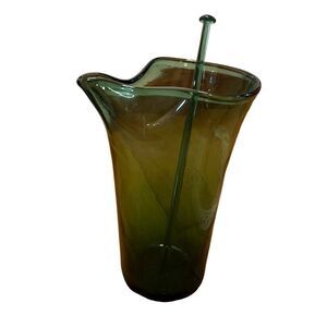 Vintage Blenko Hand Made Glass Green pitcher & stirrer Paper Bag Vase Hand Blown